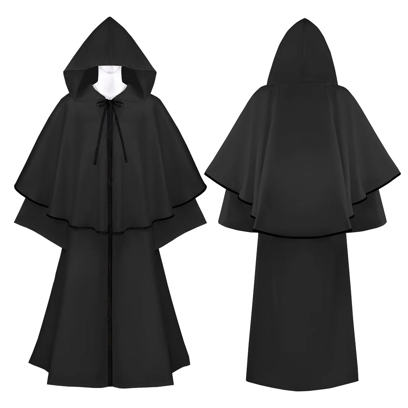 Mantello da monaco medievale di Halloween Mantello da prete rinascimentale Costume da gioco di ruolo Abito da mago Mantello Abito Mantello Costume da prestazione Nuovo: XL / nero