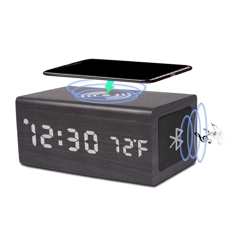 Wood Alarm Clock Bluetooth Speaker Desk USB Digital Clocks LED Wireless Charging Phone Temperature Wooden Table