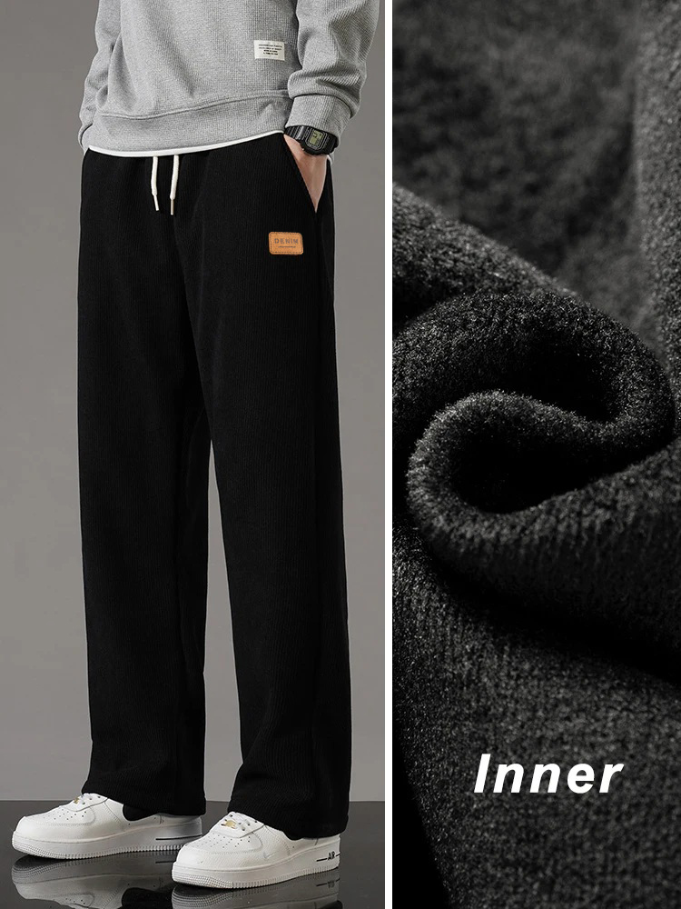 Pantalon Homme En Velours Côtelé Doublé Polaire - Taille Haute, Coupe Droite, Style Urbain Décontracté