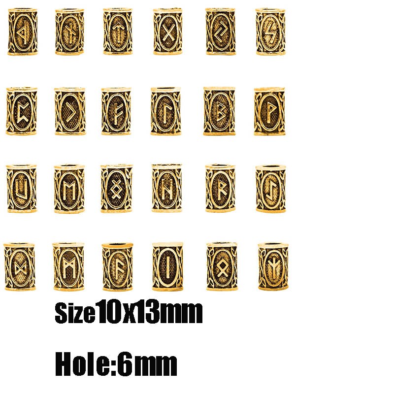 1 set viking runor lösa pärlor stort hål tiwaz tyr sol rune odal futhark runa spacer pärlor för hår pärlor gör själv smycken: Antikguld 24 st