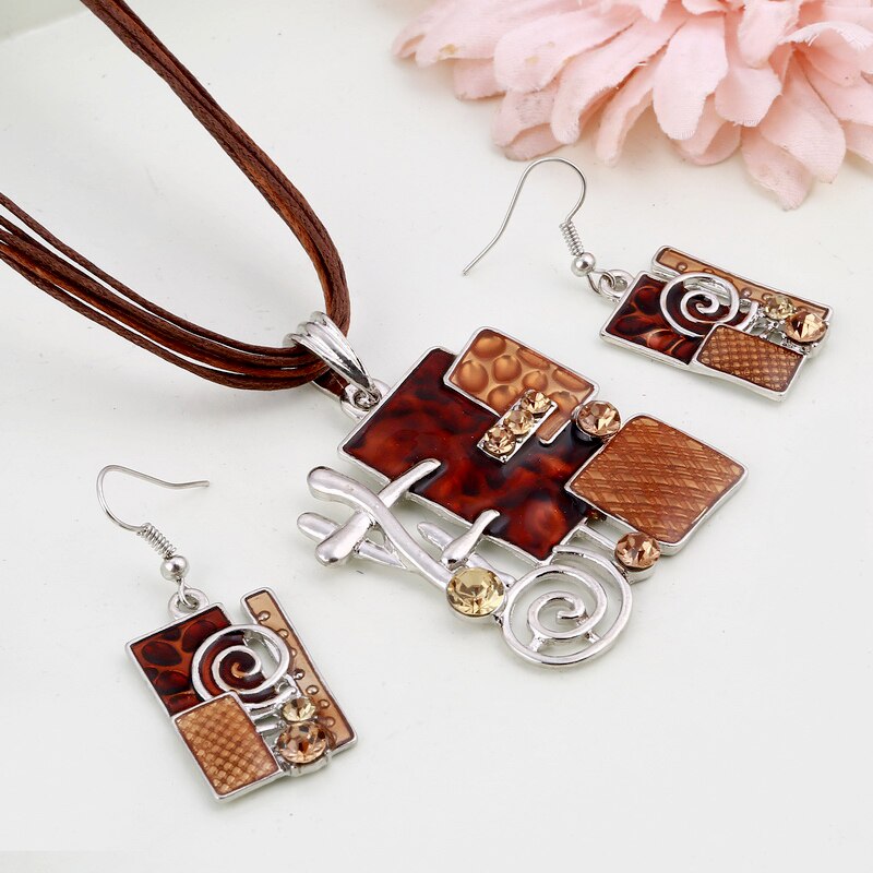 Emaille Geometrie Hanger Ketting Oorbellen Set Verzilverd Wax Touw Lagen Retro Sieraden Sets Mode Cirkel Ketting Bruiloft