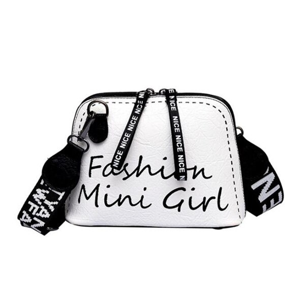 Sac à bandoulière en cuir pu pour femmes, sac à large sangle à épaule en forme de coquille, sacoches tendance tendance avec impression de lettres: White