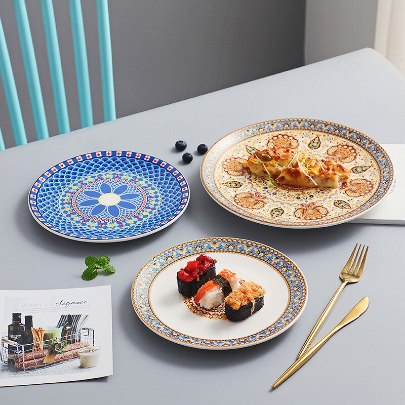European Style Ceramic Bohemian Dinner Plate Hand Painted Dessert Fruit Plates Household Shallow Steak Dish Tableware