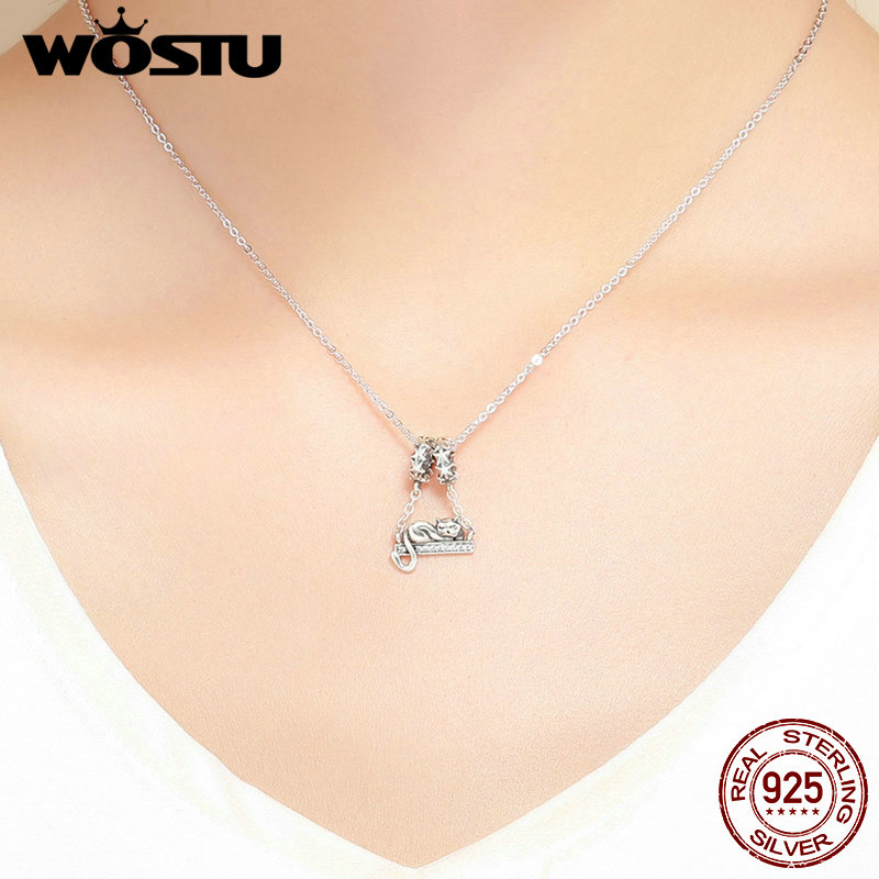 Wostu 925 Sterling Zilver Leuke Kat Liggen Swing Huisdier Charmes Fit Armband Hanger Kraal Vrouwen Mode-sieraden FIC856