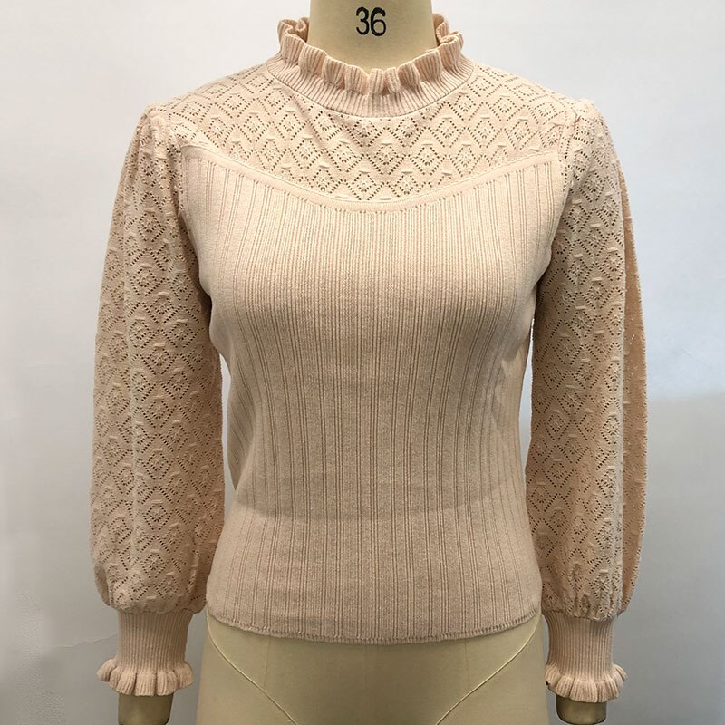 Simplee fourrure pompon pull automne hiver lanterne manches tricoté pull femme Streetwear dames vert pull: L / 2-apricot