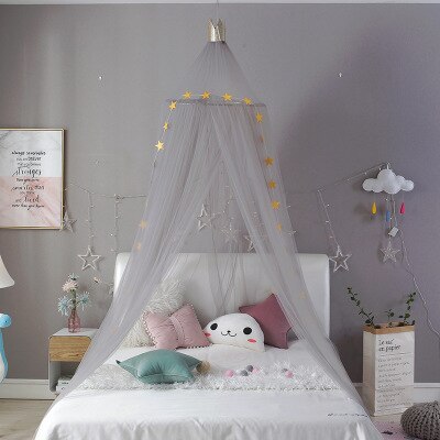 Myggenet med gratis stjerner hængende telt baby seng krybbe baldakin tyl gardiner til soveværelse lege hus telt til børn børneværelse: Grå