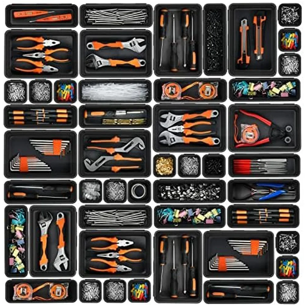 32 Stück Schreibtisch-Schubladen-Organizer, 3 Größen, Kunststoff, ineinandergreifend, flach, Werkzeug-Organizer, Tablett, Trennwände, Trennwände, Aufbewahrungsbehälter