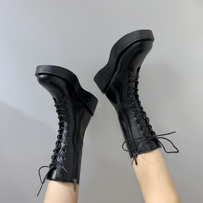 Botas para mujer de punta redonda con cordones, zapatos de otoño, calzado de invierno, Lolita, goma, media pantorrilla, Rock, Roma,