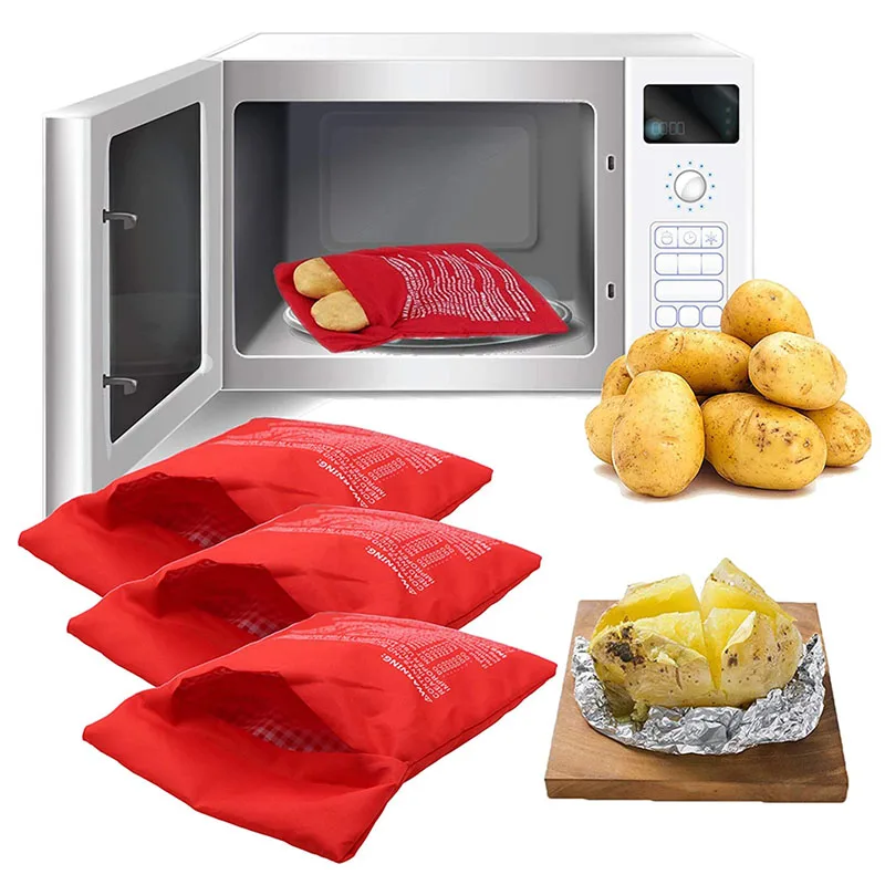 Bolsa de patatas para microondas, bolsa reutilizable para cocinar patatas en microondas exprés, cocina de patatas al horno, patatas perfectas, bolsa roja para hornear de 4 minutos