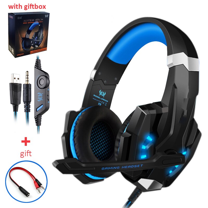 G2000 Oranje Gaming Headset Diepe Bas Stereo Casque Bedrade Hoofdtelefoon Gloeiende Oortelefoon Met Microfoon Voor PS4 Xbox Pc Laptop: G9000 Blue with box