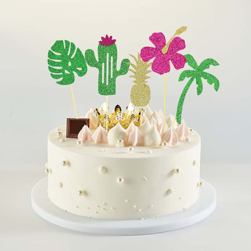 10pcs Glitter Paper Cake Topper Coconut Flamingo Cactus Flowers Leaf Cupcake Toppers Baking Decor Birthday Hawaii Party Supplies