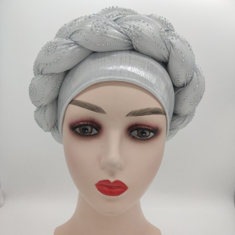 Turbante africano brillante de estilo Nigeriano para mujer, pañuelo para la cabeza de estilo musulmán: Plata