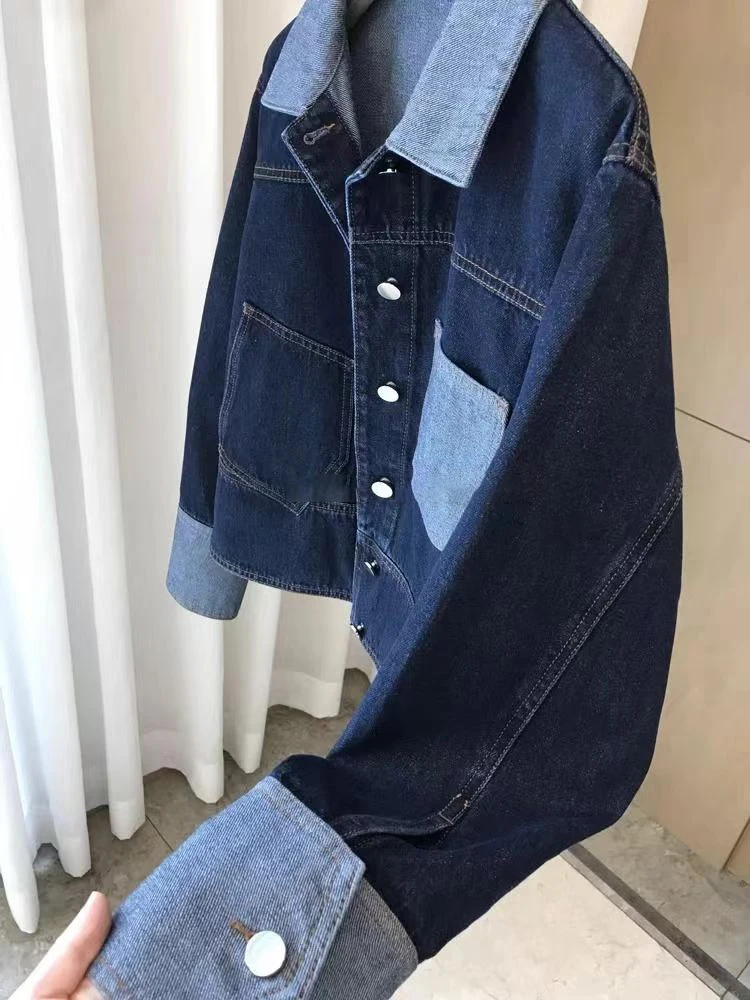 Retro contrasterende kleur revers denim jasje voor dames 2025, herfst losse single-breasted jassen, casual veelzijdige korte top