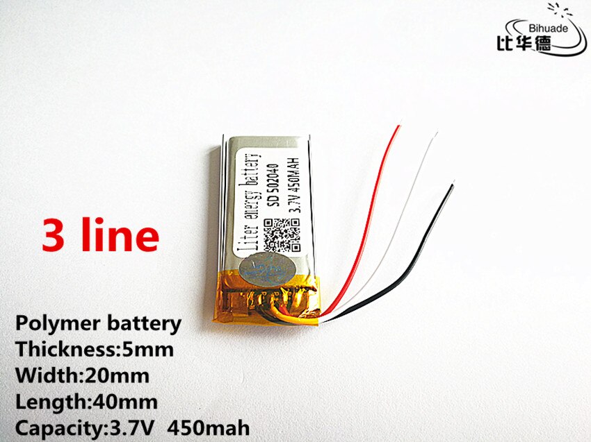 10 stück/lot, 3 -poliger, hochwertiger 3.7v,450- mah ,502040 polymer-lithium-ionen-akku (li-ion) für spielzeug, powerbank, gps ,mp3,mp4 gerät