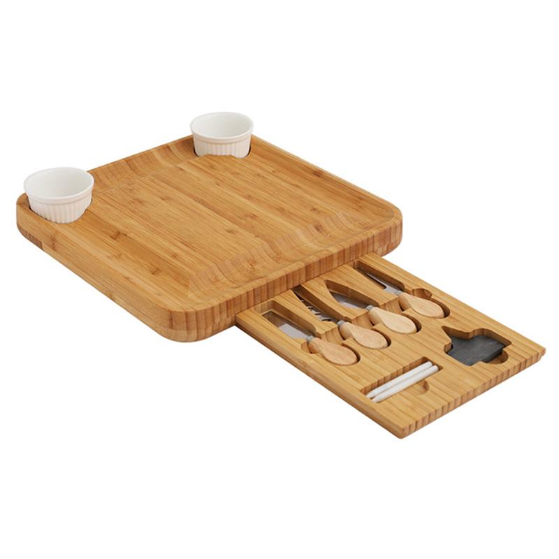 Bamboo Cheese Board Cutter Set Slide-Out Drawer Serving Platter Tray Cutting Board For Cheese Fruit Dessert Kitchen Accessories: A