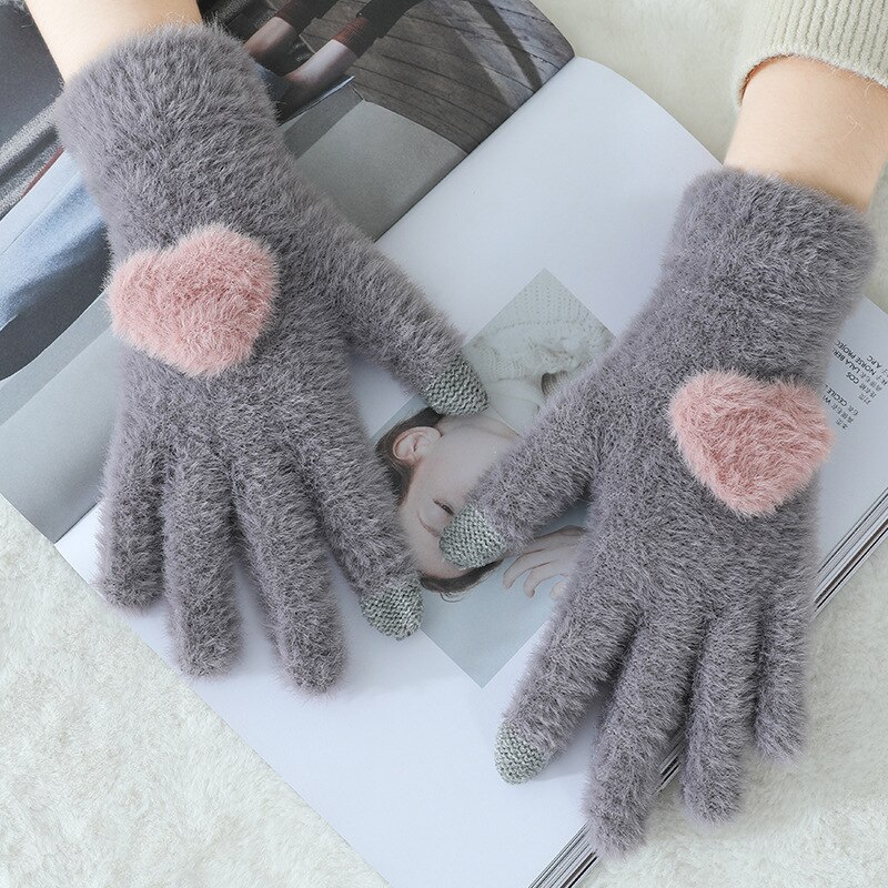 Children Winter Gloves Warm Solid Color Plush Love Thick Gloves Can Touch The Screen Soft Warm Mittens