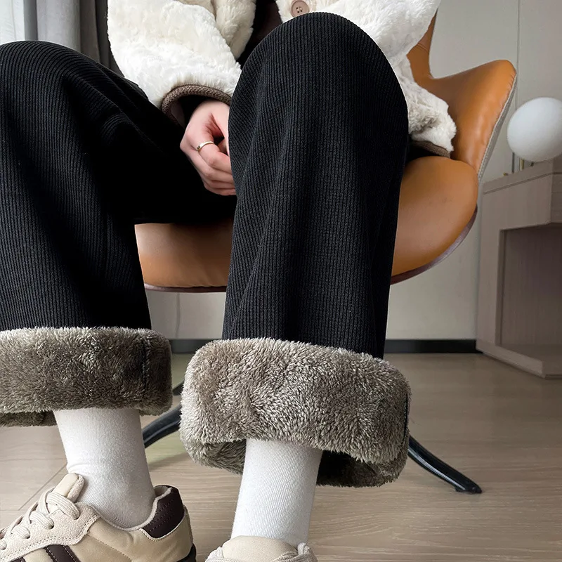 Pantalones de pierna ancha de lana gruesa para mujer, pantalones de algodón de corte recto, pantalones largos cálidos y cómodos a la para otoño e invierno