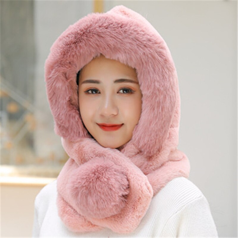 Female Winter Knitted Hats Add Fur Lined Warm Winter Hats For Women Keep Neck Ear Warmer Balaclava Pompoms Cap: Dark pink