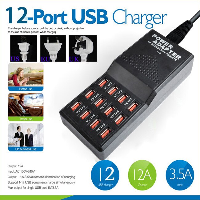 New 5v portable 12 1,5 v-5a port usb wall travel charger usb desktop charger hub multi-port fast adapter universal