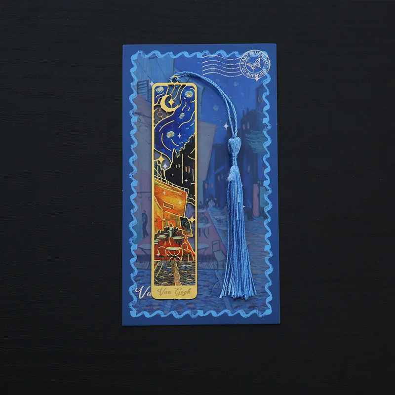 Marcapáginas de Metal hueco, exquisitos marcos de libros rectangulares, paisaje, flor, pintura al óleo, estilo, papelería de lectura para estudiantes y niños: Azul