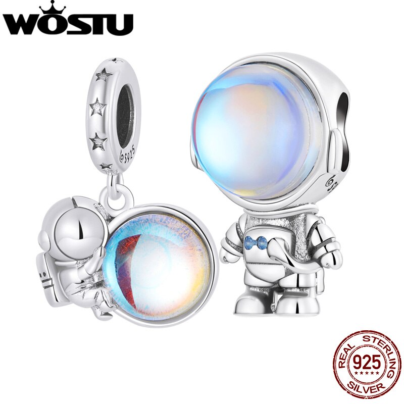 WOSTU 925 Sterling Silber Mondstein Regenbogen Charme Halskette Perlen passen Original Armbinde Armreif Raum Astronaut Stil Schmuck