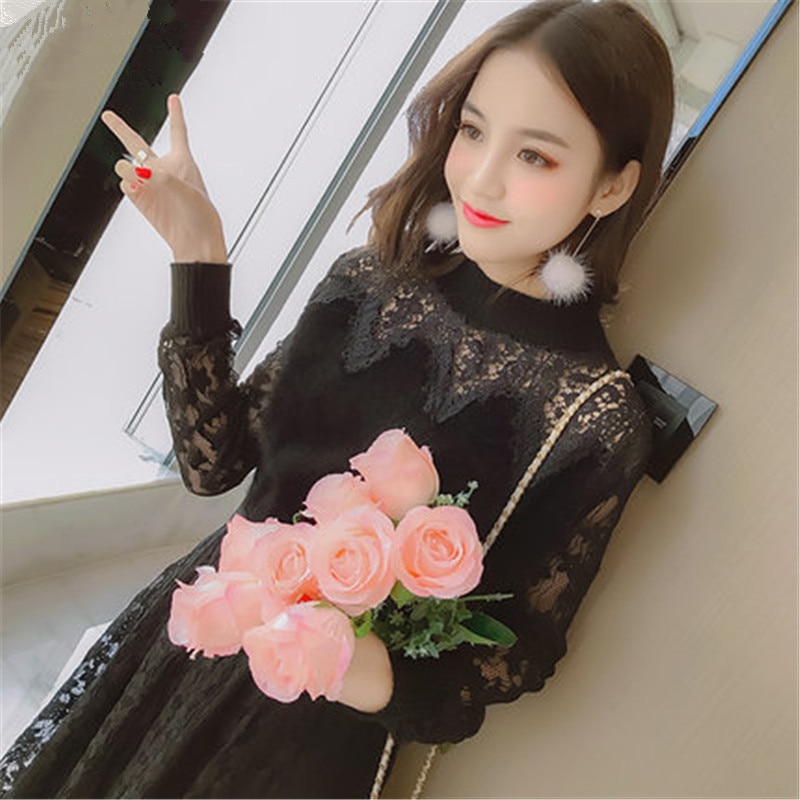 Tcyeek Women Long Dresses Early Spring Female Clothes Lace Knitted Black Dress Girls Clothing LWL130