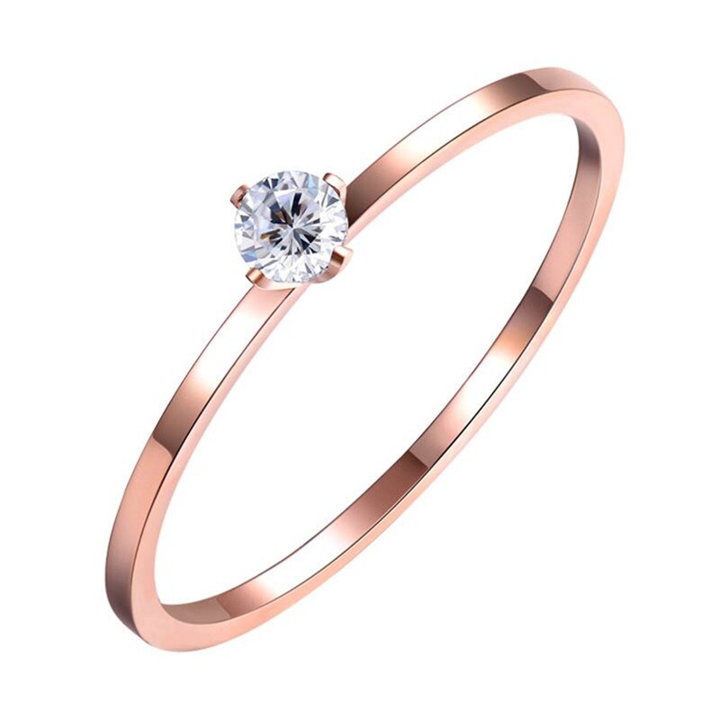 ZN Edelstahl Rose Gold Farbe Kleine Weiß Kristall Hochzeit Ring Minimalis Einzelne Zirkon Stapeln Dünne Ringe Für Frauen