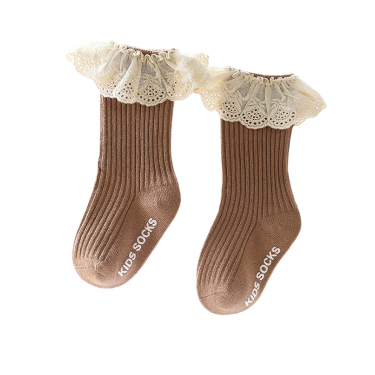 Cute Baby Girls Lace Princess Socks Ribbed Knit Solid Color Anti-slip Medium Tube Stockings Kids Turn Cuff Ruffle Floor Hosiery: Milk coffee / 12M