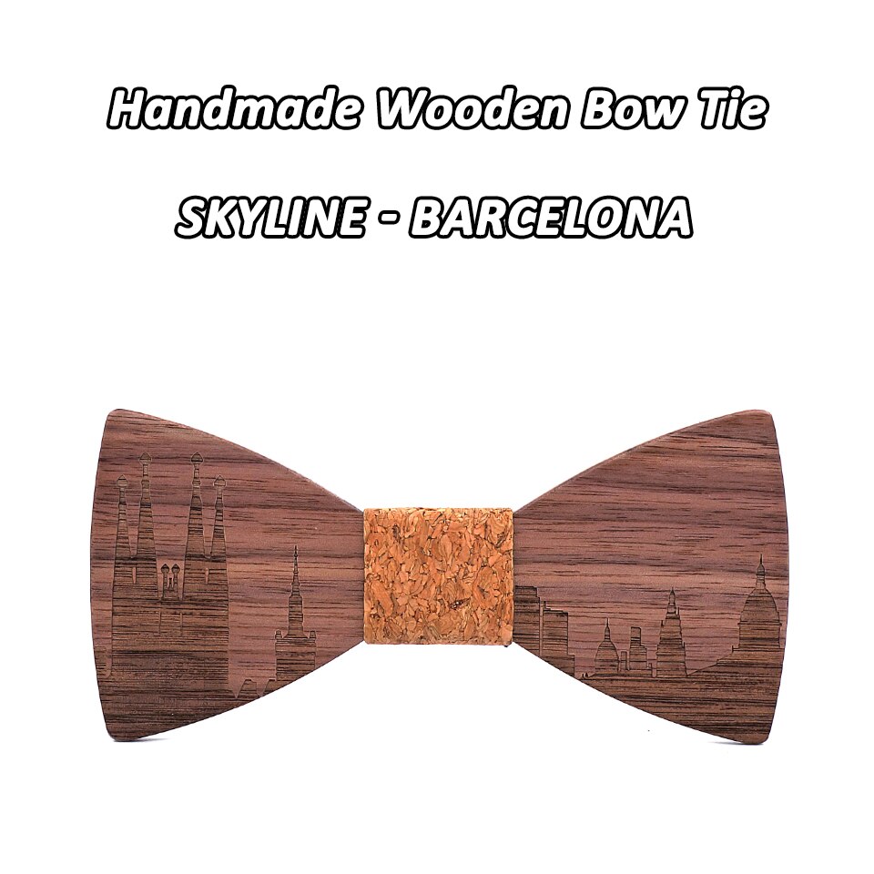Mahoosive-pajaritas de madera hechas a mano para hombre, conjunto de corbatas de madera, corbata de mariposa, corbatas Skyline para hombre, gemelos, pañuelo, novedad: BARCELONA