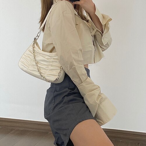 Sacs à main vintage plissés pour femmes, en cuir pu, avec chaîne, hobos, sac à bandoulière, sacoches pour filles: Beige