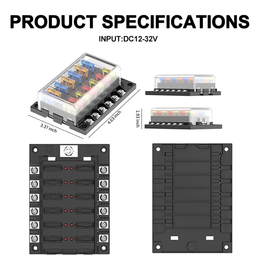 12V-32V Dc 12-Way Zekeringkast Blade Zekering Blok Houder Met Dual-Gebruik Cover led Indicator Voor Mariene Auto Onderdelen