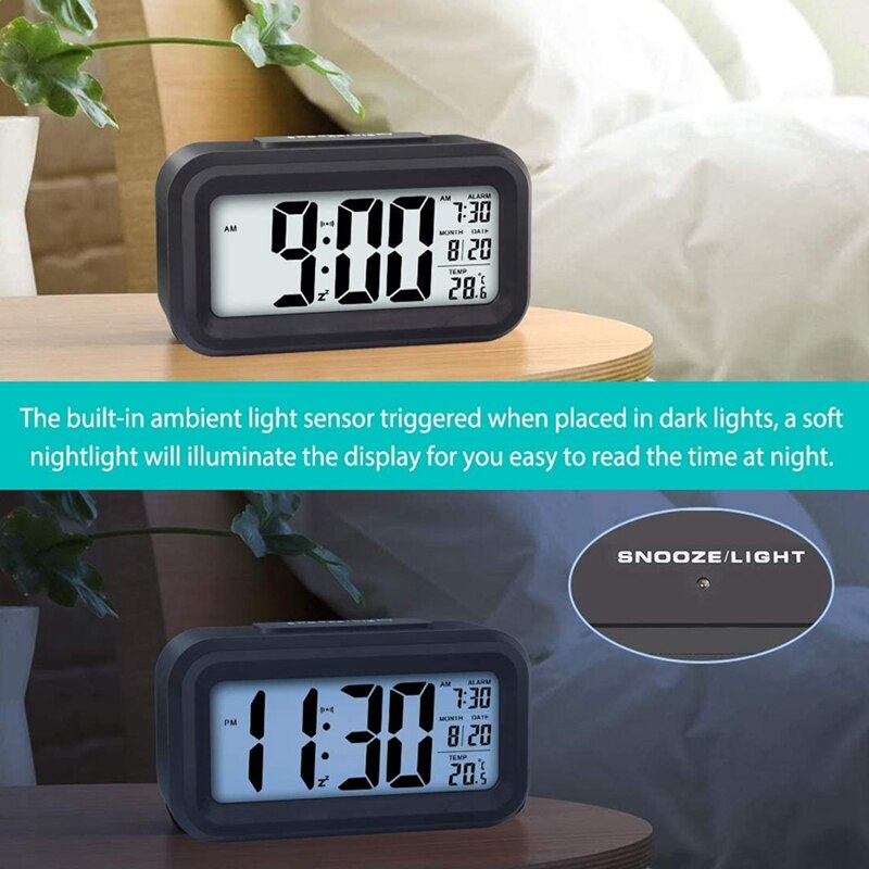 LED Display Digital Alarm Clock Snooze Battery Clock with Date Calendar Temperature for Bedroom Home Office Travel