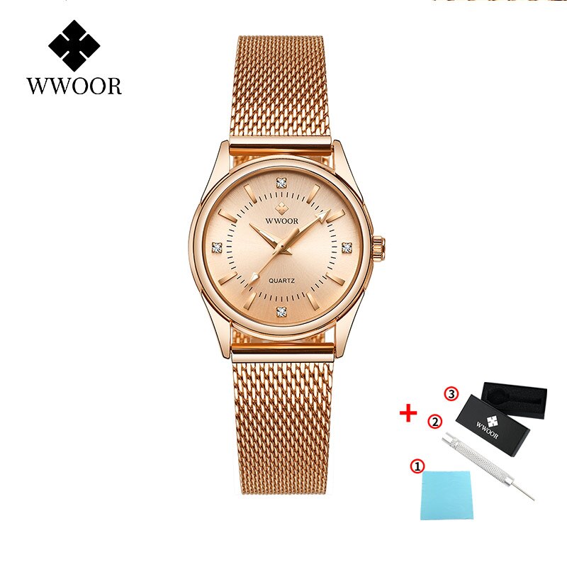 Zegarek Damski Vrouwen Horloges Wwoor Top Luxe Gold Quartz Klok Dames Golden Mesh Elegante Armband Horloge Vrouwen Relogio Feminino: Rose Gold