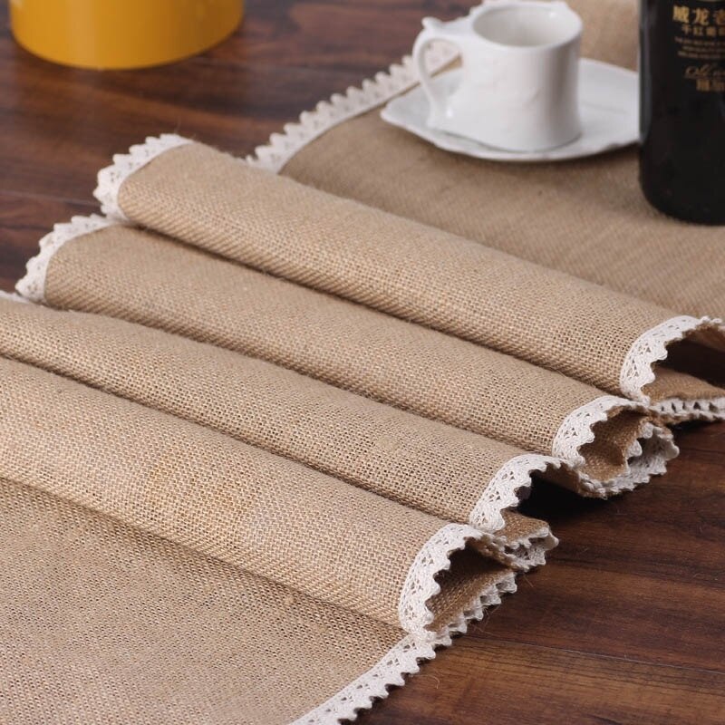 Tafelloper jute met kant, bruilofttafelloper, tafelkleed van jute kant