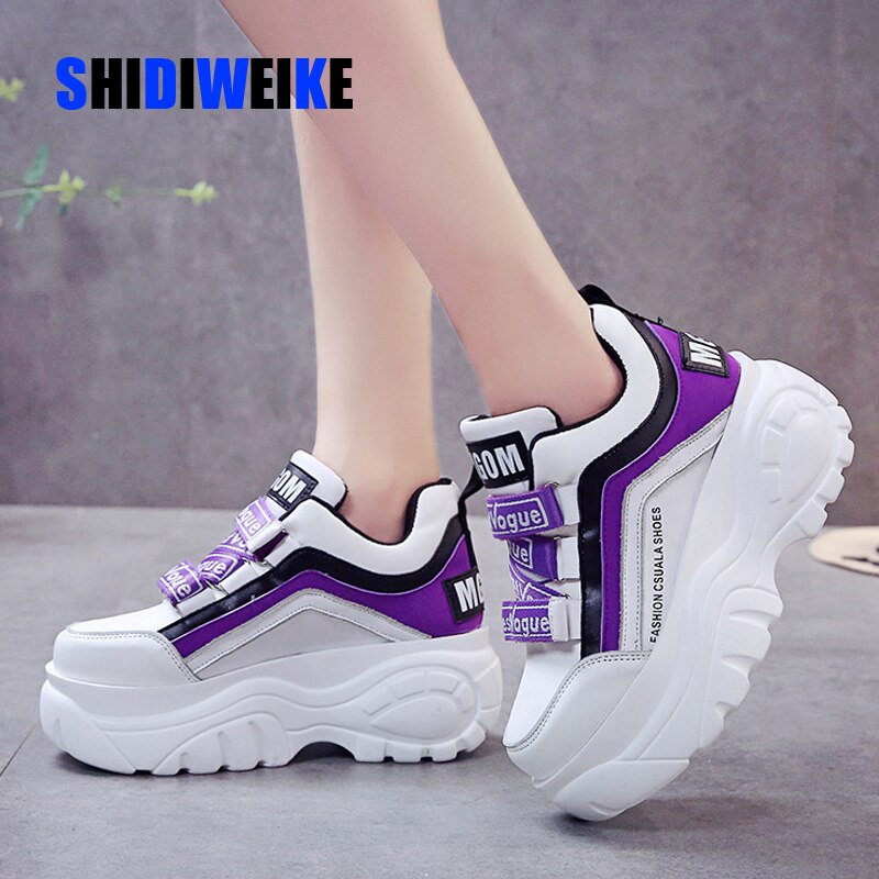 Tyk bund chunky sneakers kvinder hvid sort patchwork høj platform sko kvinde afslappet efterår vinter kiler fodtøj  g788