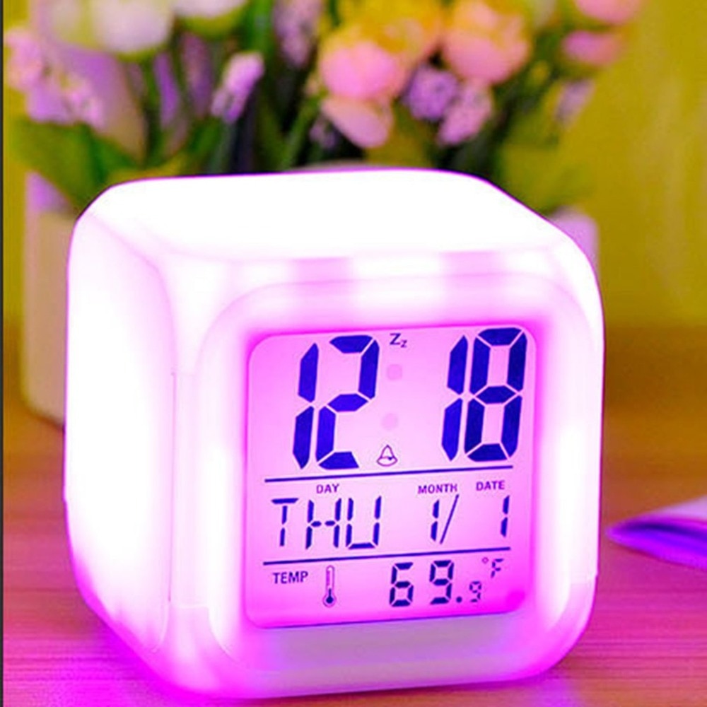 Portable Lovely 7 Colors Change Square Digital Alarm Clock with LCD Screen Display Luminous Mode Home Office Use