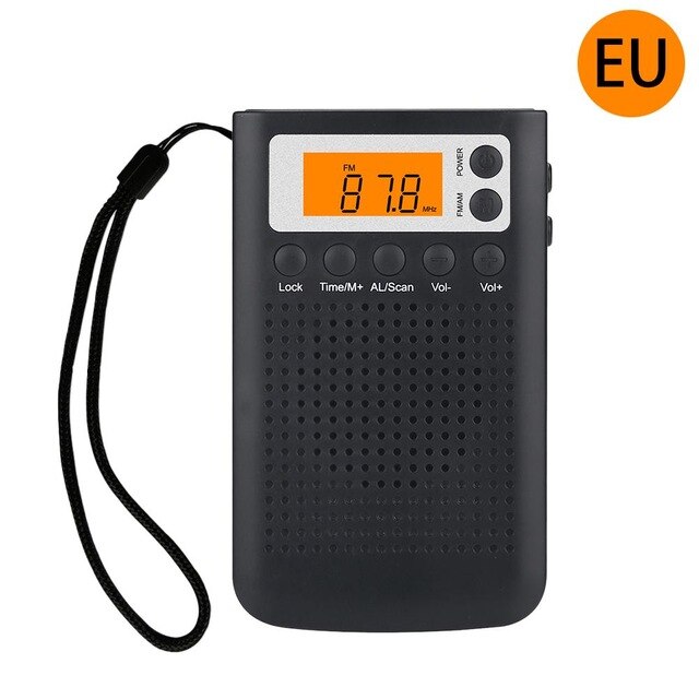 Mini Radio Portable Stereo Pocket Radio Speaker With Built-in Speaker Headphone Jack AM FM Alarm Clock Radio: EU-Black