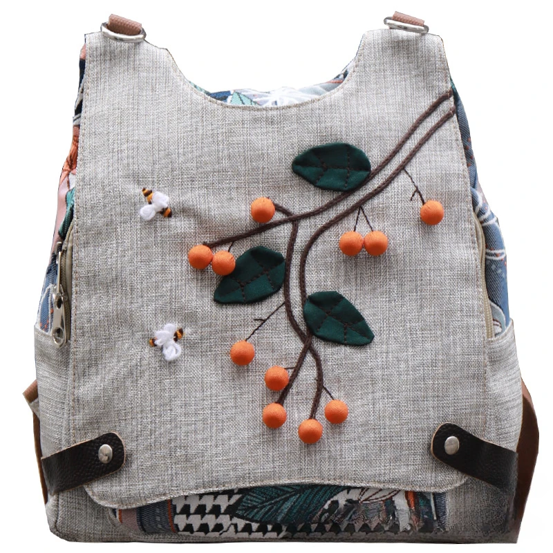 Zaino etnico Borsa a tracolla da donna in lino di cotone retrò Zaini multiuso femminili Borse da viaggio leggere per zainetto da ragazza