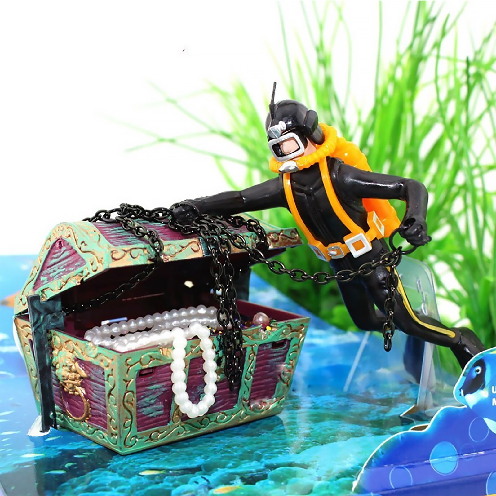 Fish Tank Treasure Chest &amp; Diver Live-Action Aerating Ornament Air Bubbler Movement Aquarium Undersea Decorations Home Decor
