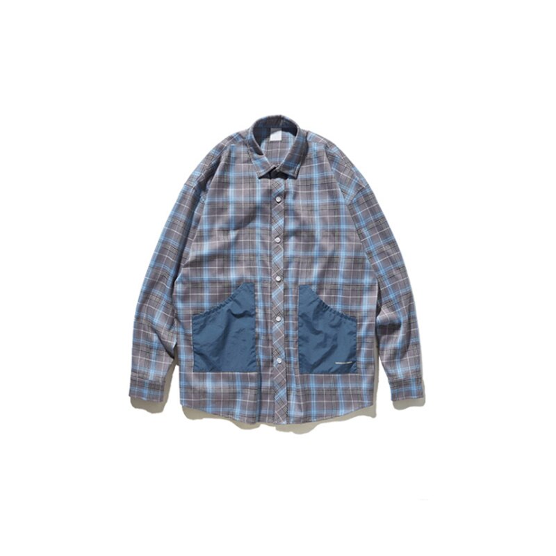 Spring Style Japanese Personality Contrast Pocket Stitching Plaid Couple Loose Shirt for Men and Women: Blue / M