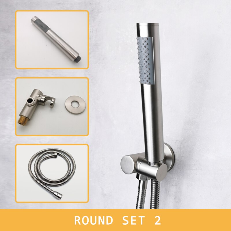 Bathroom Shower Set Brushed Nickel Stainless Steel Matt Silver Round Square Hand Shower High Pressure with Holder 1.5m Hose: Round Set 2