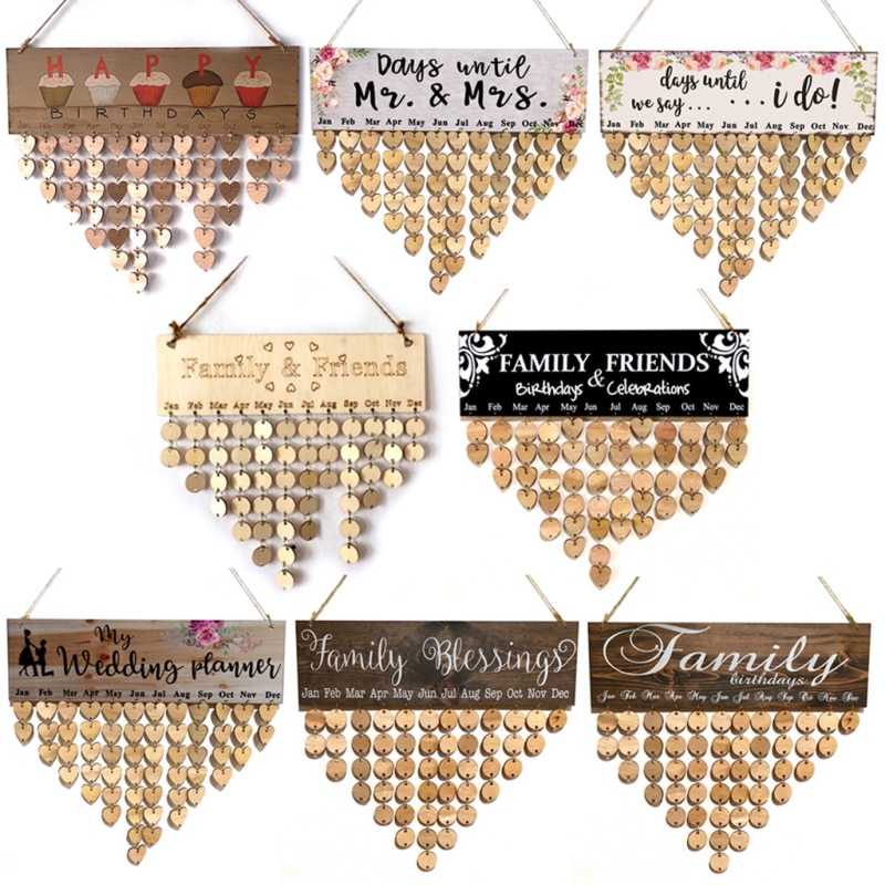 Tablero de recordatorios de cumpleaños para el hogar Calendario de madera, adorno colgante, decoración de Año ,