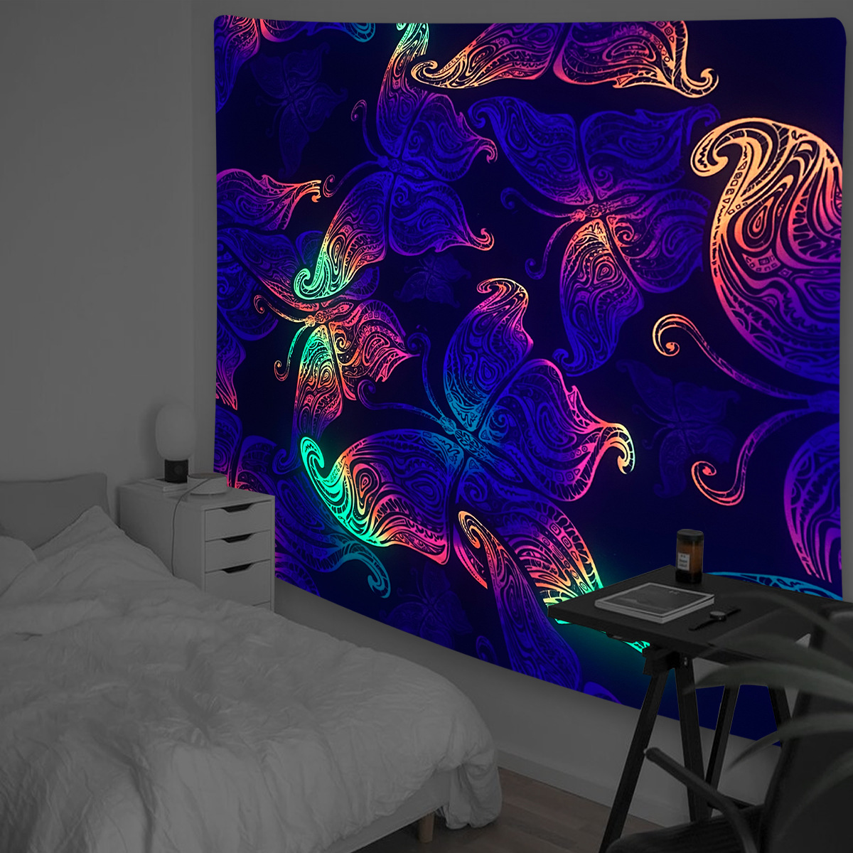 Tapiz de luz negra para colgar en la pared, Hippie psicodélico reactivo UV para dormitorio, decoración de habitación independiente