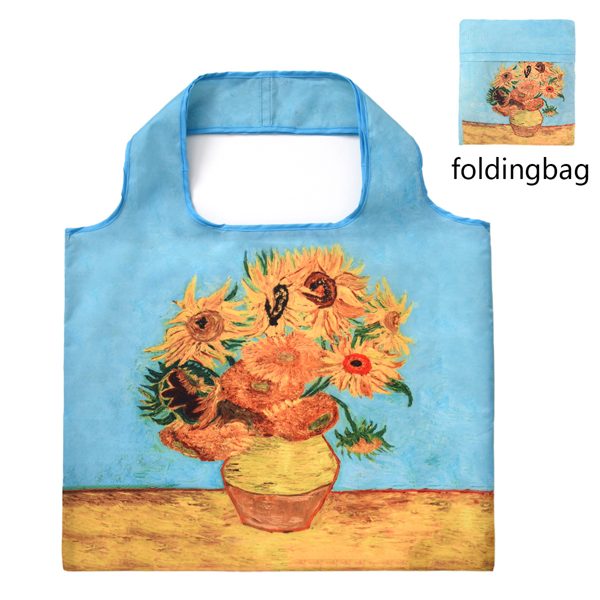 Van Gogh Hand Painted Oil Painting Shopping Bag Famous Painting Pattern Storage Bag Portable Foldable Travel Bag One Shoulder: Navy Blue