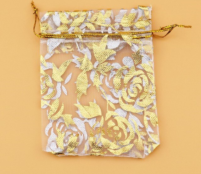 100 stuks/partijen sieradenverpakkingen, organza garen zakjes, net zakjes, gouden stempel snoepkleurige trekkoord bedankjes zakjes: Wit