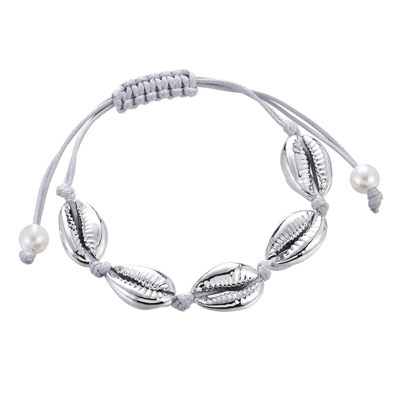 Boheme naturlig sea shell armbånd ankel hånd strik reb elastisk beaded pulseira diy strand smykker tilbehør sommer kvinder: Grå sølv