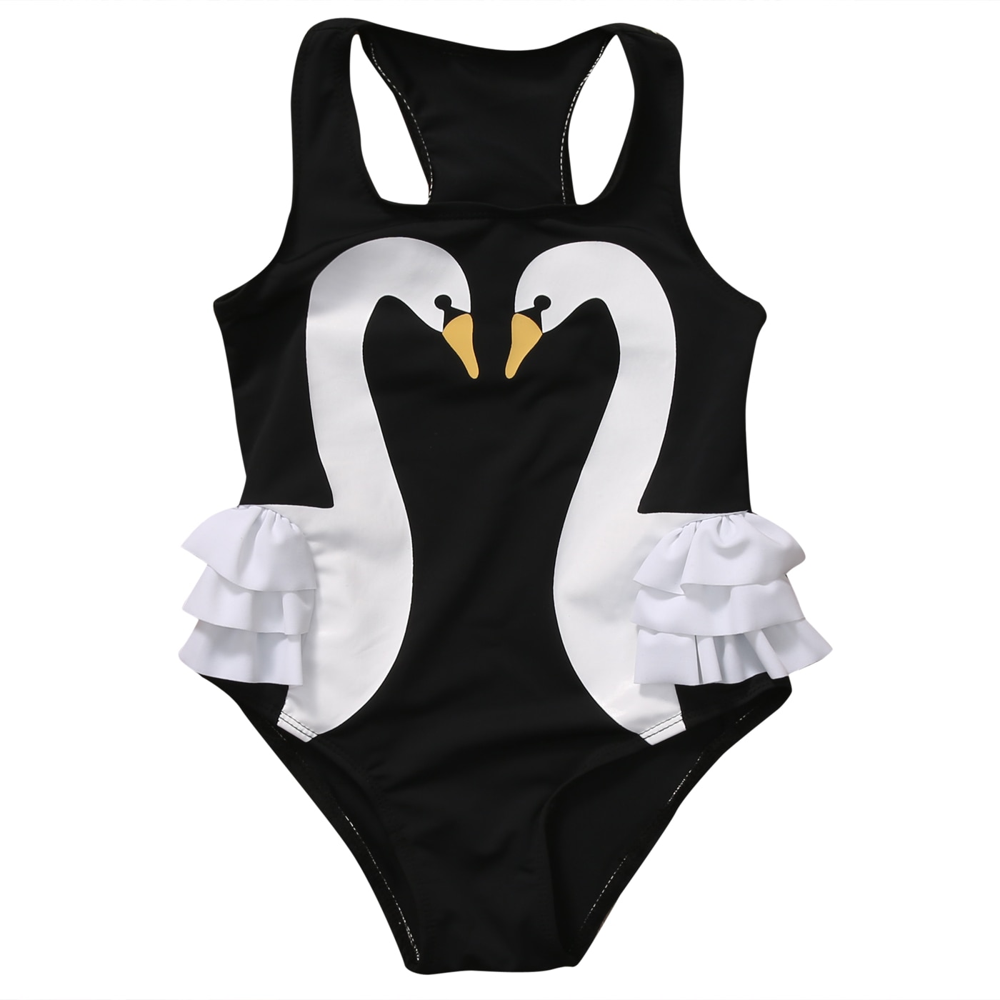 Pudcoco Summer Kids Swimwear Girls 3D Swan Print One Pieces Swimsuit Flower Halter Beach Pool Swimwear Bathing Suit 2-7T