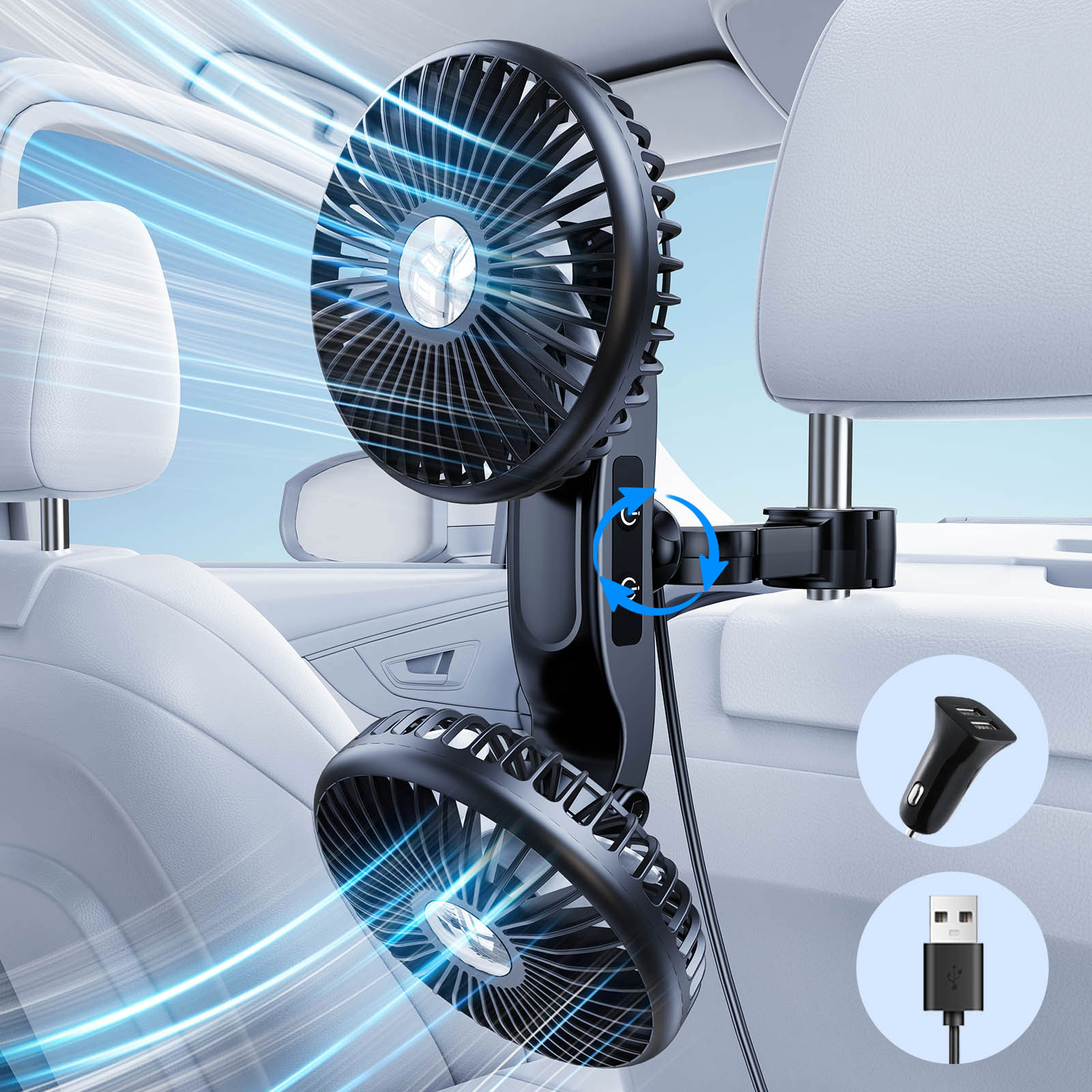 Eary-ventilador de doble cabezal para coche, soporte para reposacabezas del asiento trasero, carga USB, brazo largo, ajustable, viento de 3 velocidades, potente ventilador de refrigeración de aire: Grey