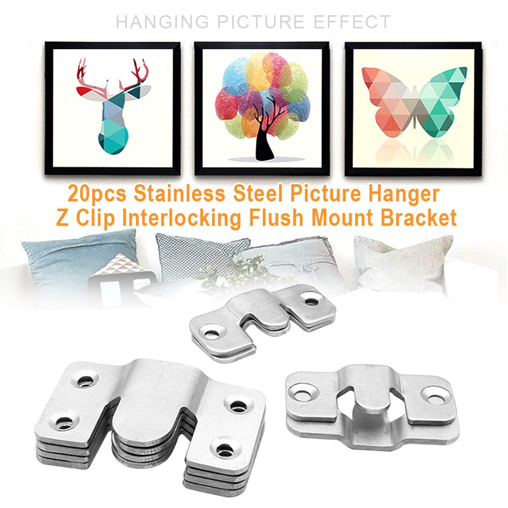 20pcs Hardware Art Gallery Display Picture Hanger Interlocking Wall Z Clip Stainless Steel Photo Frame Hook Flush Mount Bracket
