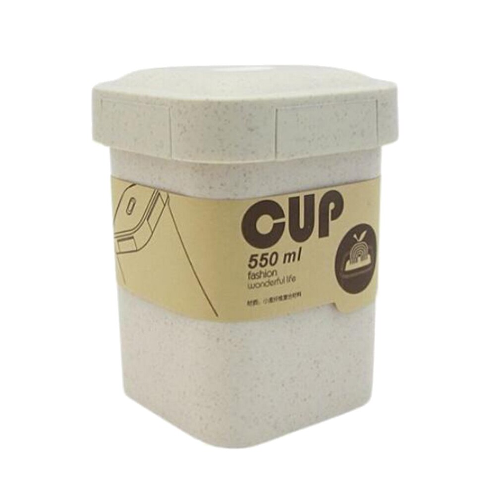 550ml Wheat Straw Square Breakfast Porridge Sealed Soup Cup Container Lunch Box Portable Wheat Straw Lovely Shape Sealed Cup Box: Beige